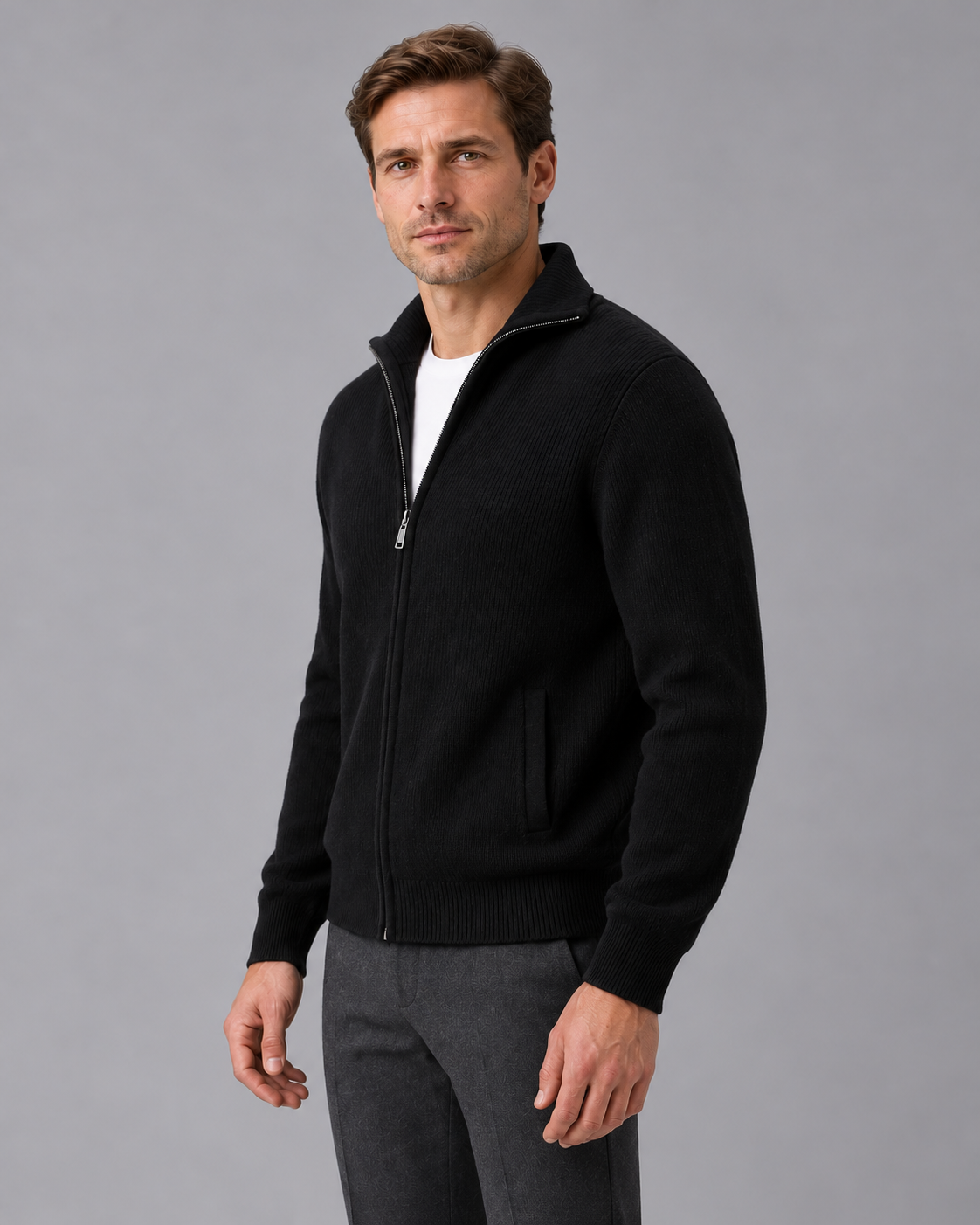 Men’s Cashmere Zip Cardigan – Rib Knit