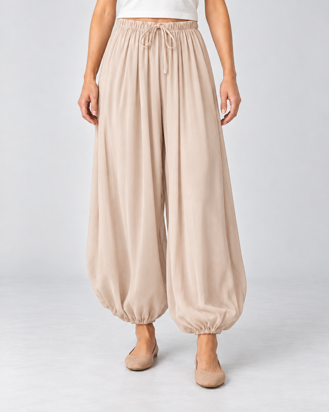 Women’s Wide Leg Trousers with Balloon Fit and Drawstring Waist