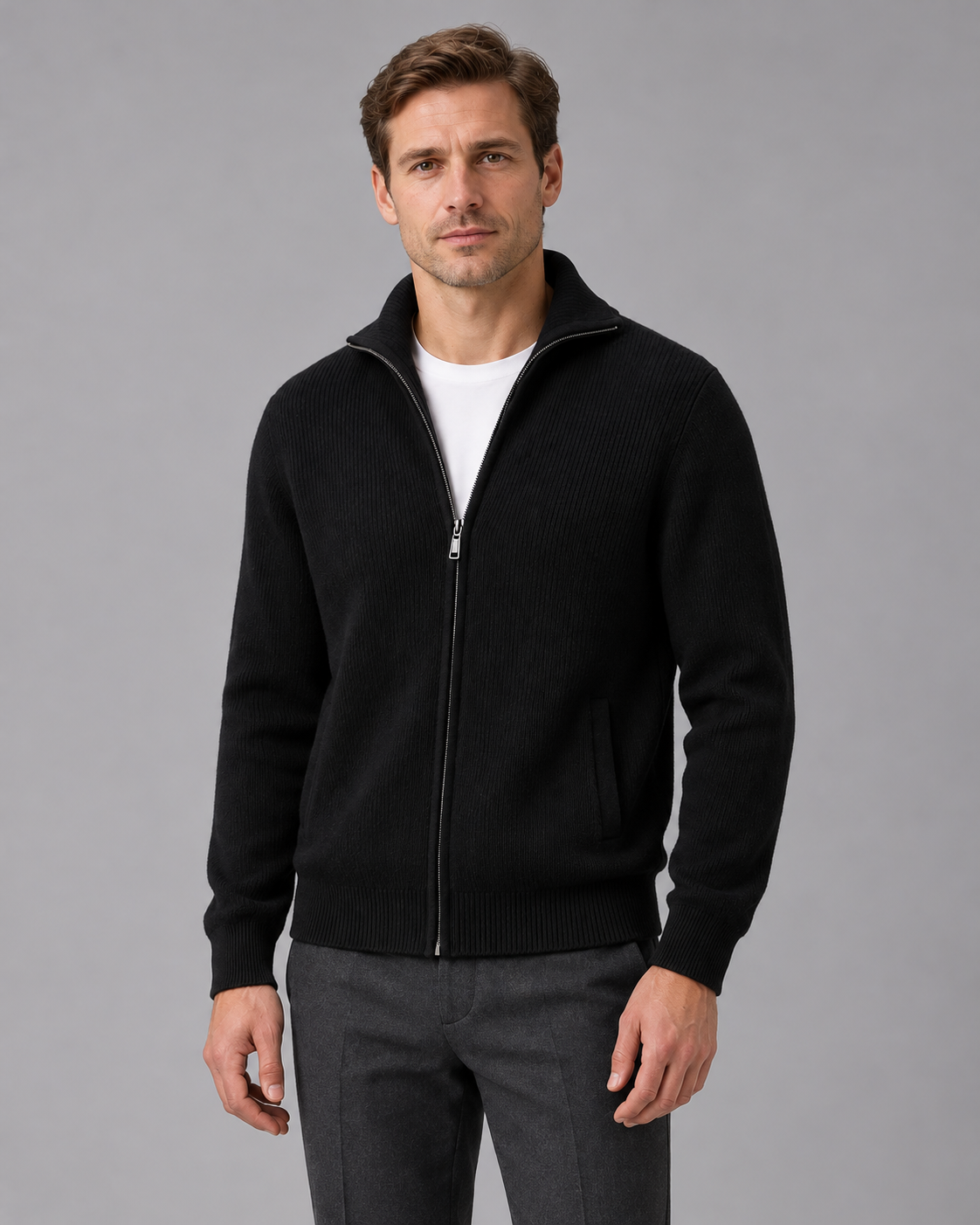 Men’s Cashmere Zip Cardigan – Rib Knit
