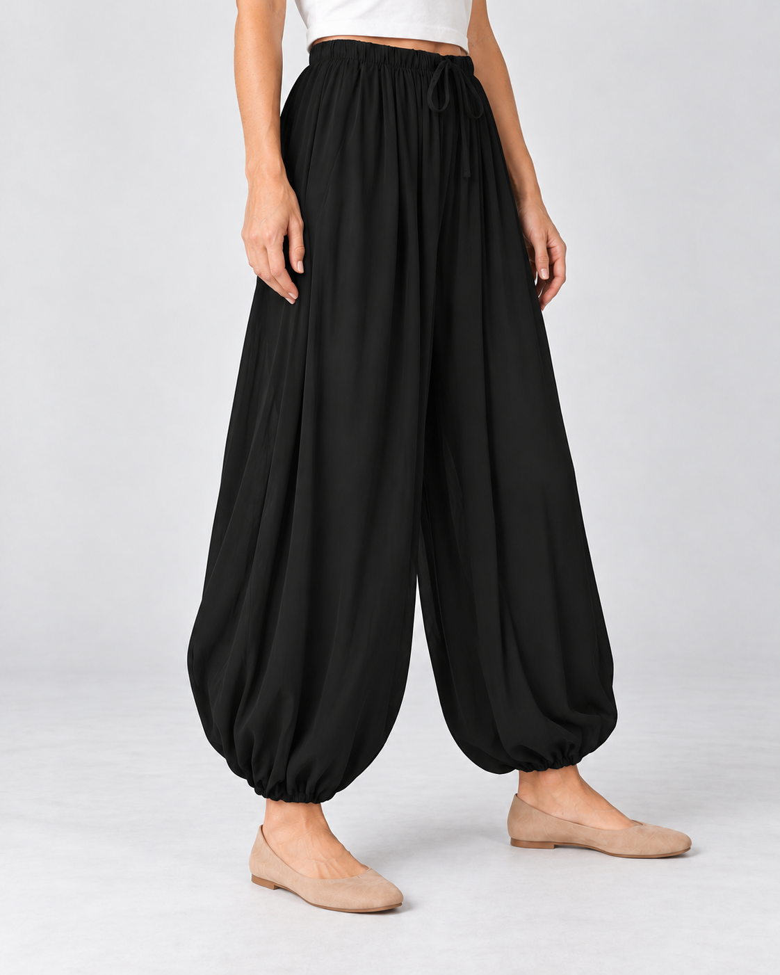 Women’s Wide Leg Trousers with Balloon Fit and Drawstring Waist