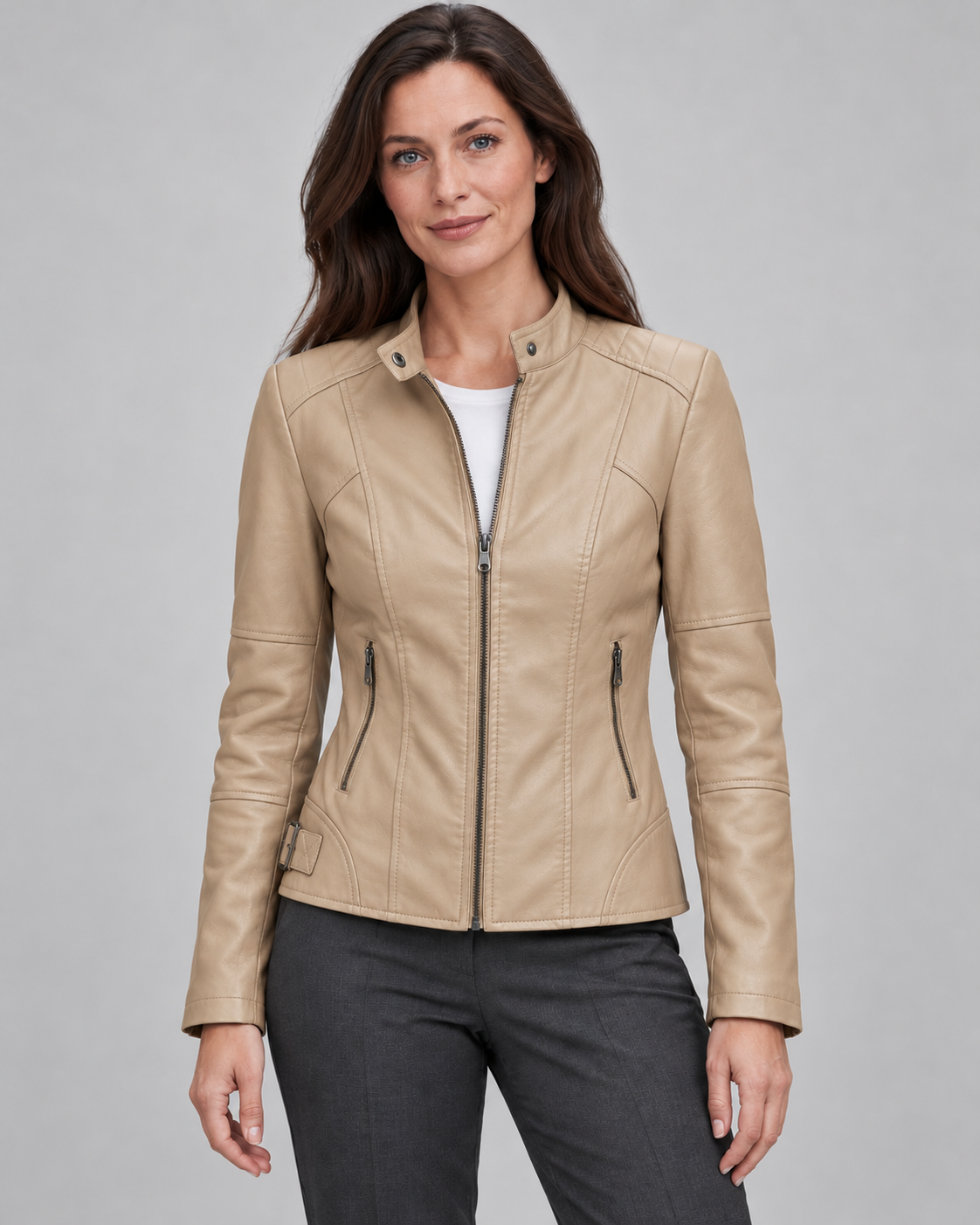 Women’s Faux Leather Jacket With Snap Collar