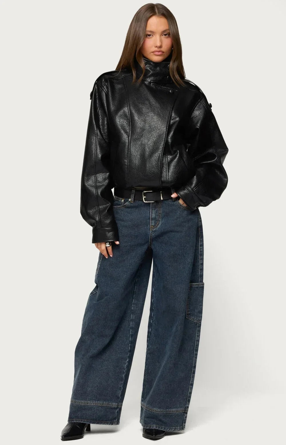 Women's Cropped Faux Leather Biker Jacket – High Collar