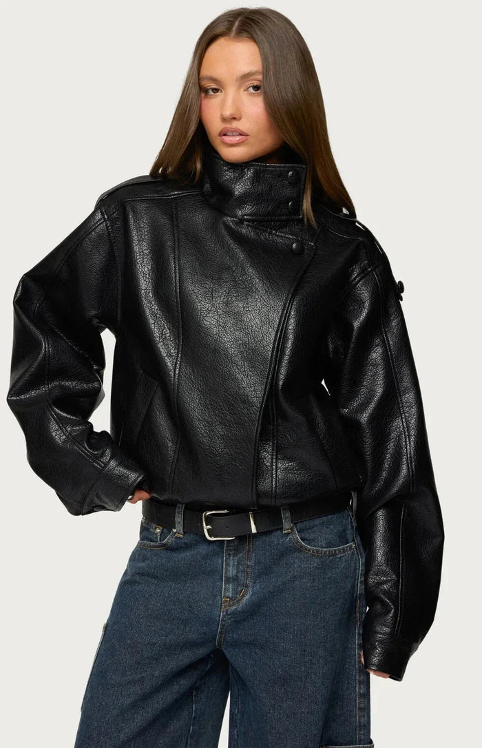 Women's Cropped Faux Leather Biker Jacket – High Collar