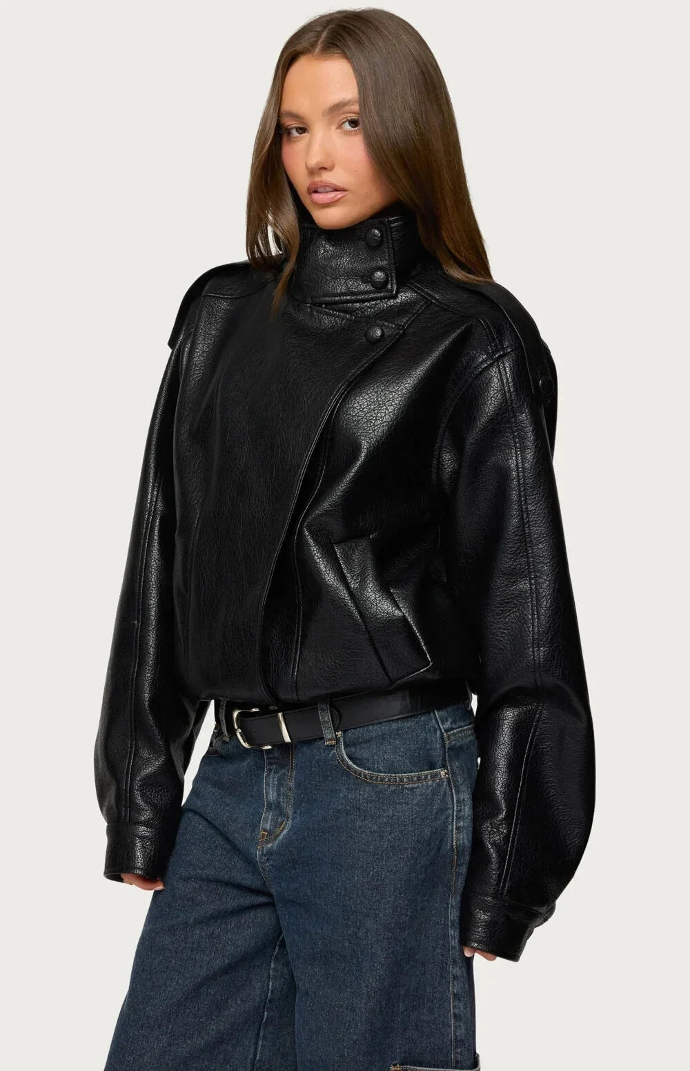 Women's Cropped Faux Leather Biker Jacket – High Collar