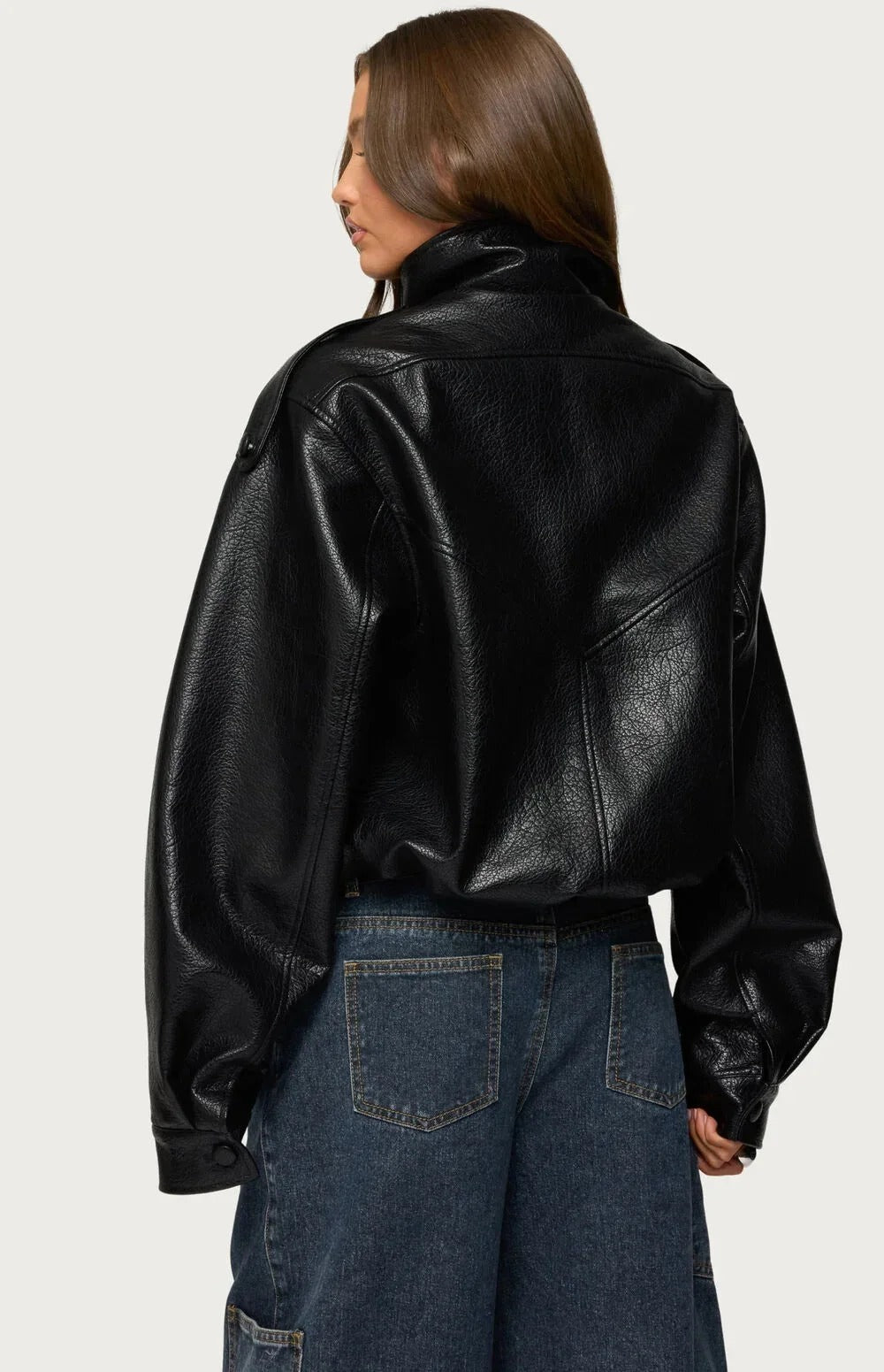 Women's Cropped Faux Leather Biker Jacket – High Collar