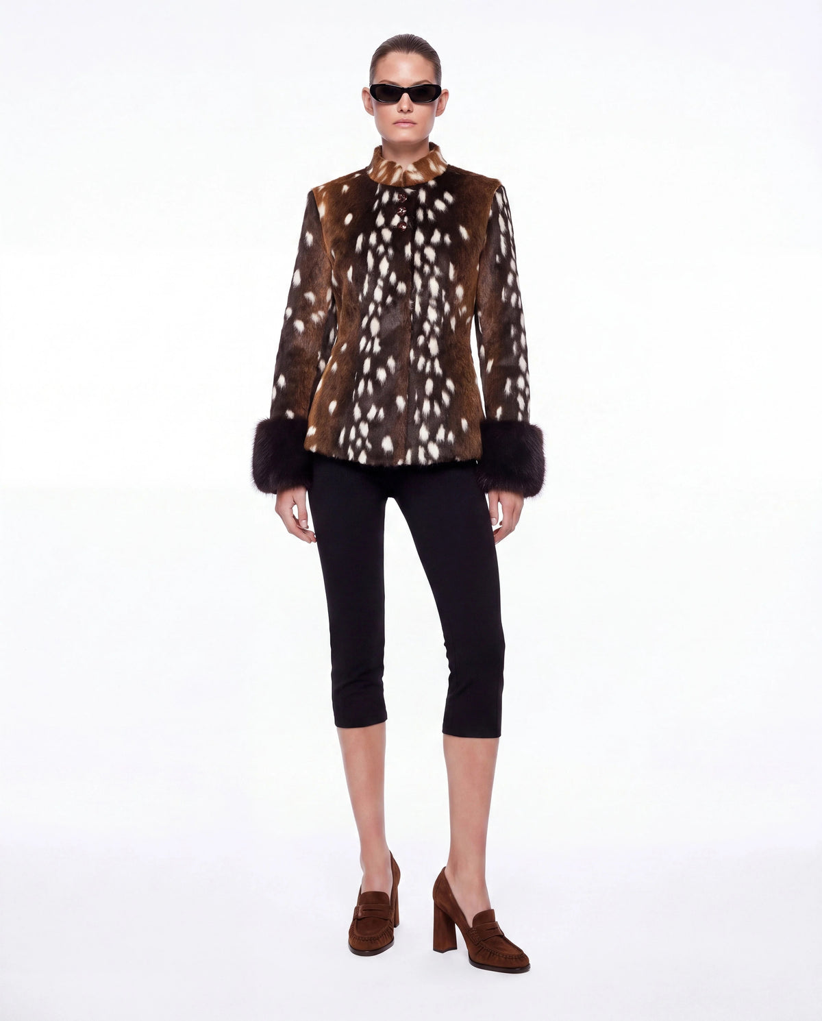 Women's Deer Print Faux Fur Jacket – Stand Collar