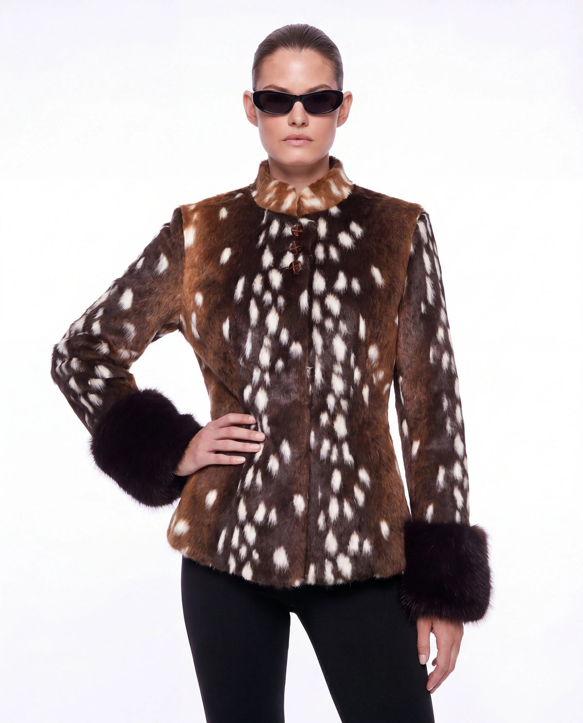 Women's Deer Print Faux Fur Jacket – Stand Collar