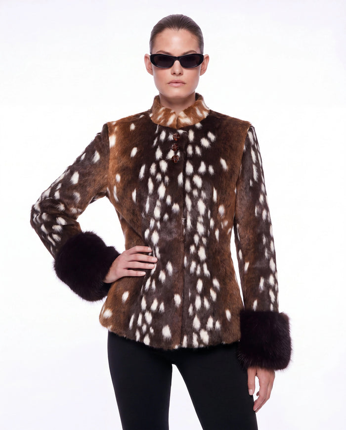 Women's Deer Print Faux Fur Jacket – Stand Collar