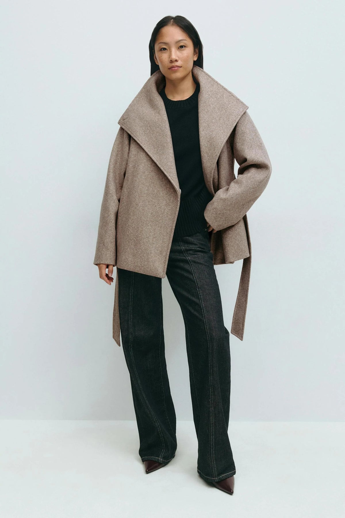 Women's Short Belted Wrap Coat – Oversized Collar
