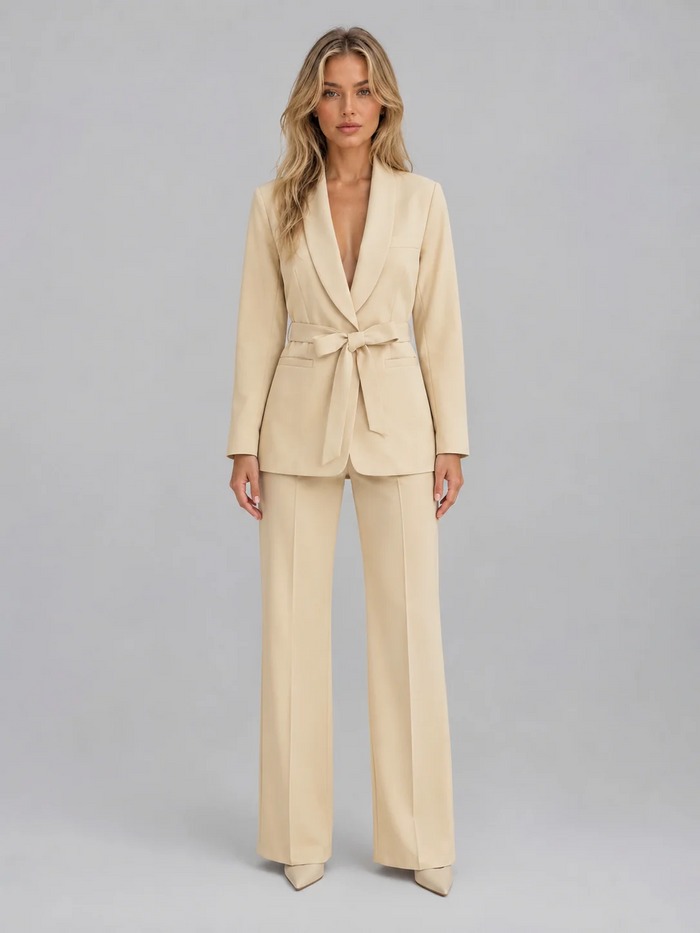 Women's Belted Trouser Suit – Shawl-Collar Blazer & Wide-Leg Trousers