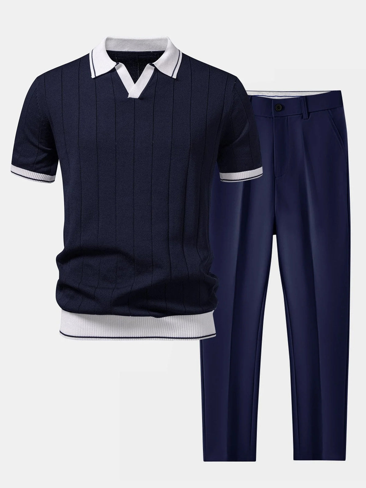 Men's Ribbed-Knit Polo & Tapered Trousers Co-Ord Set