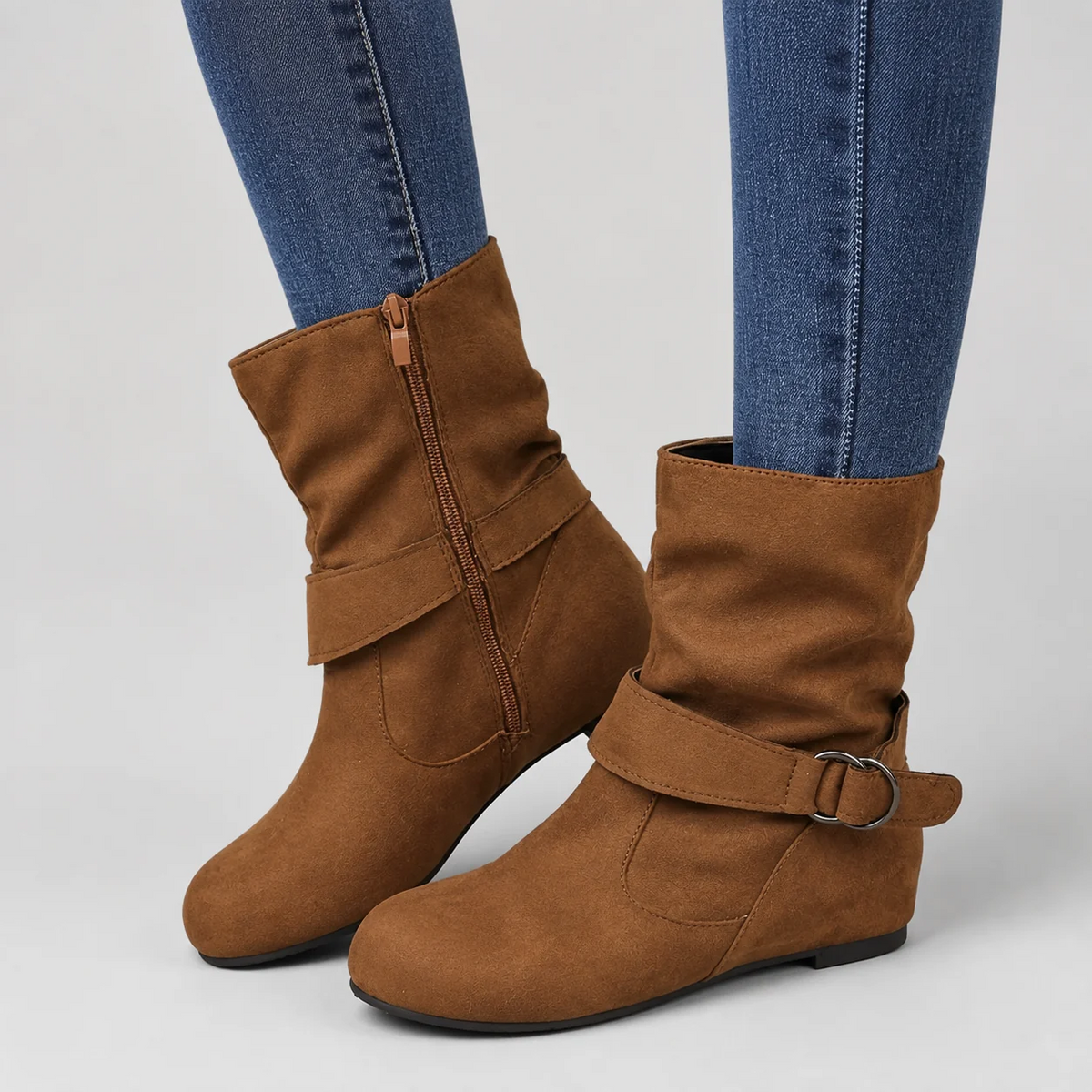 Women's Slouch Ankle Boots – Buckle Detail Low Heel
