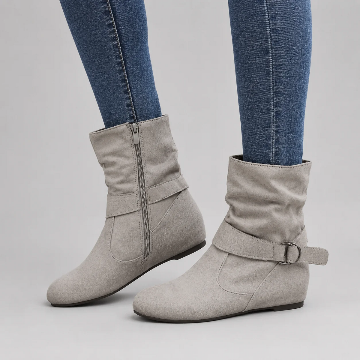 Women's Slouch Ankle Boots – Buckle Detail Low Heel