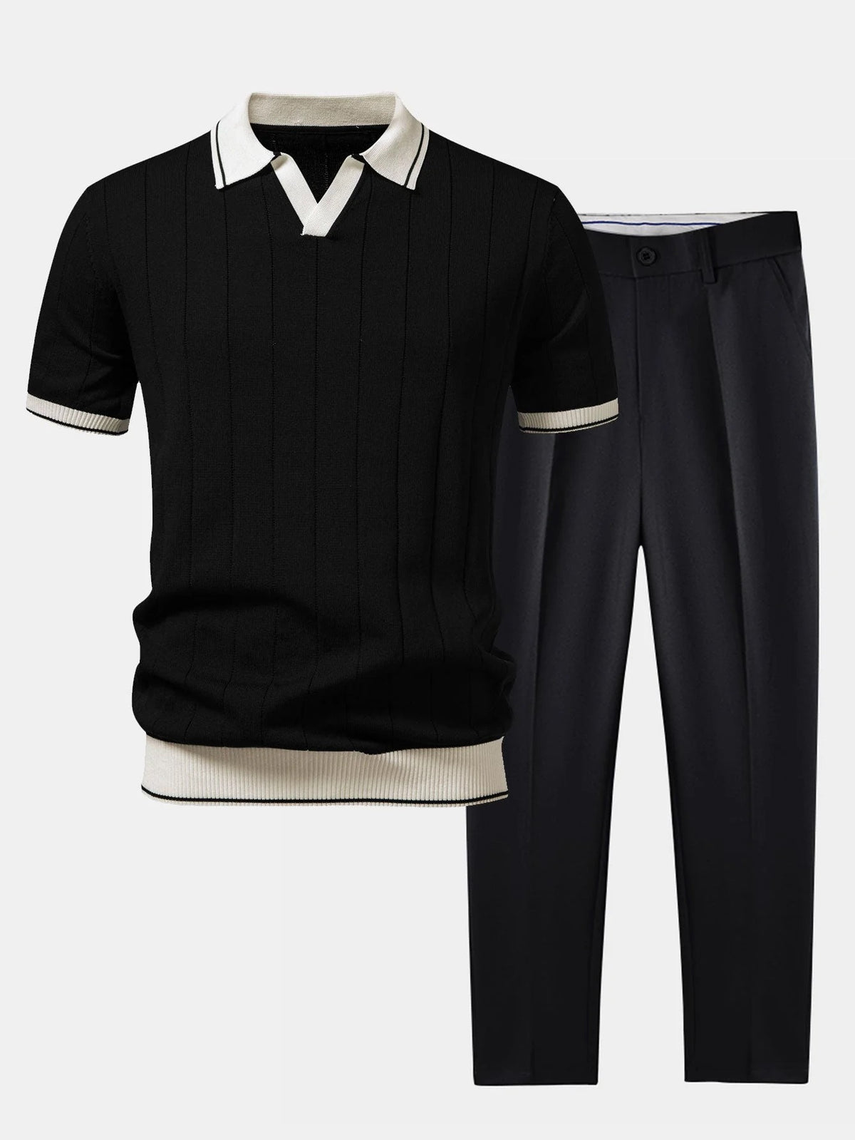 Men's Ribbed-Knit Polo & Tapered Trousers Co-Ord Set