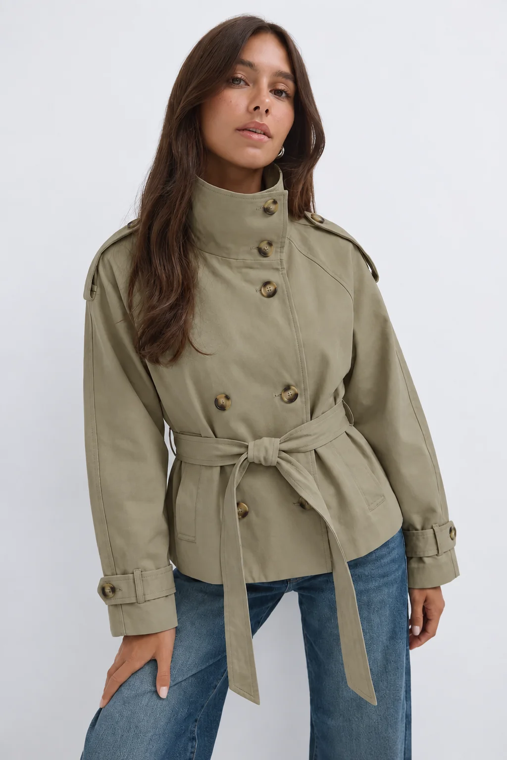 Women's Cropped Trench Coat – Double-Breasted Belted Jacket