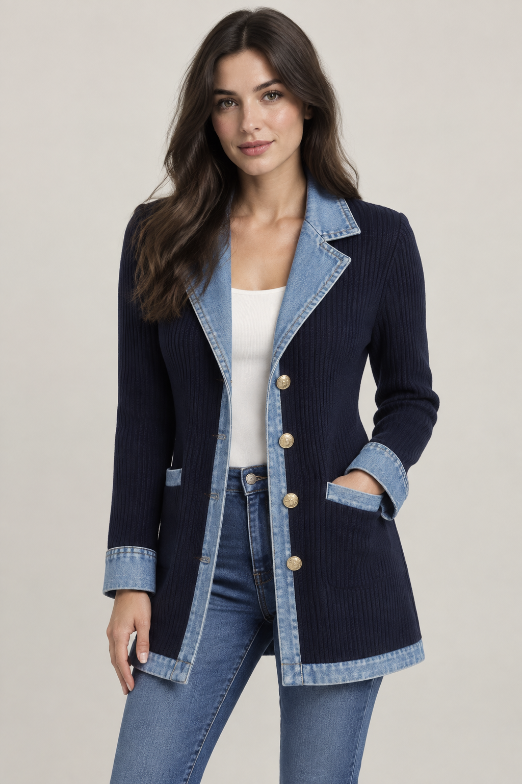 Women's Denim Trim Longline Jacket – Contrast Button Front